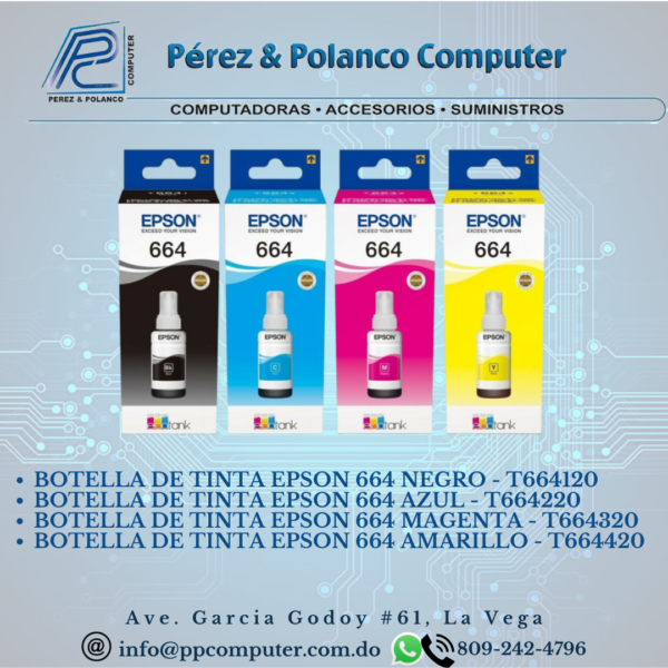 BOTELLA TINTA EPSON #664 NEGRO – L110 , L200, L210, L350, L355, L555 –  Pérez \u0026 Polanco Computer