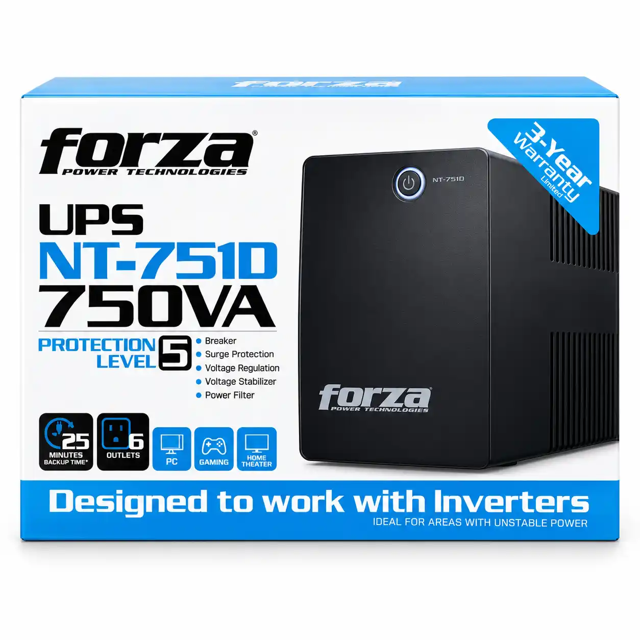 UPS Forza - NT-751D - 750VA/375W 120V Torre Compacta – 6 Salidas