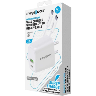 CARGADOR PARED + USB-C 6FT CHARGEWORX - CX3012WH - 20W - DUAL USB USB-A y USB-C - BLANCO