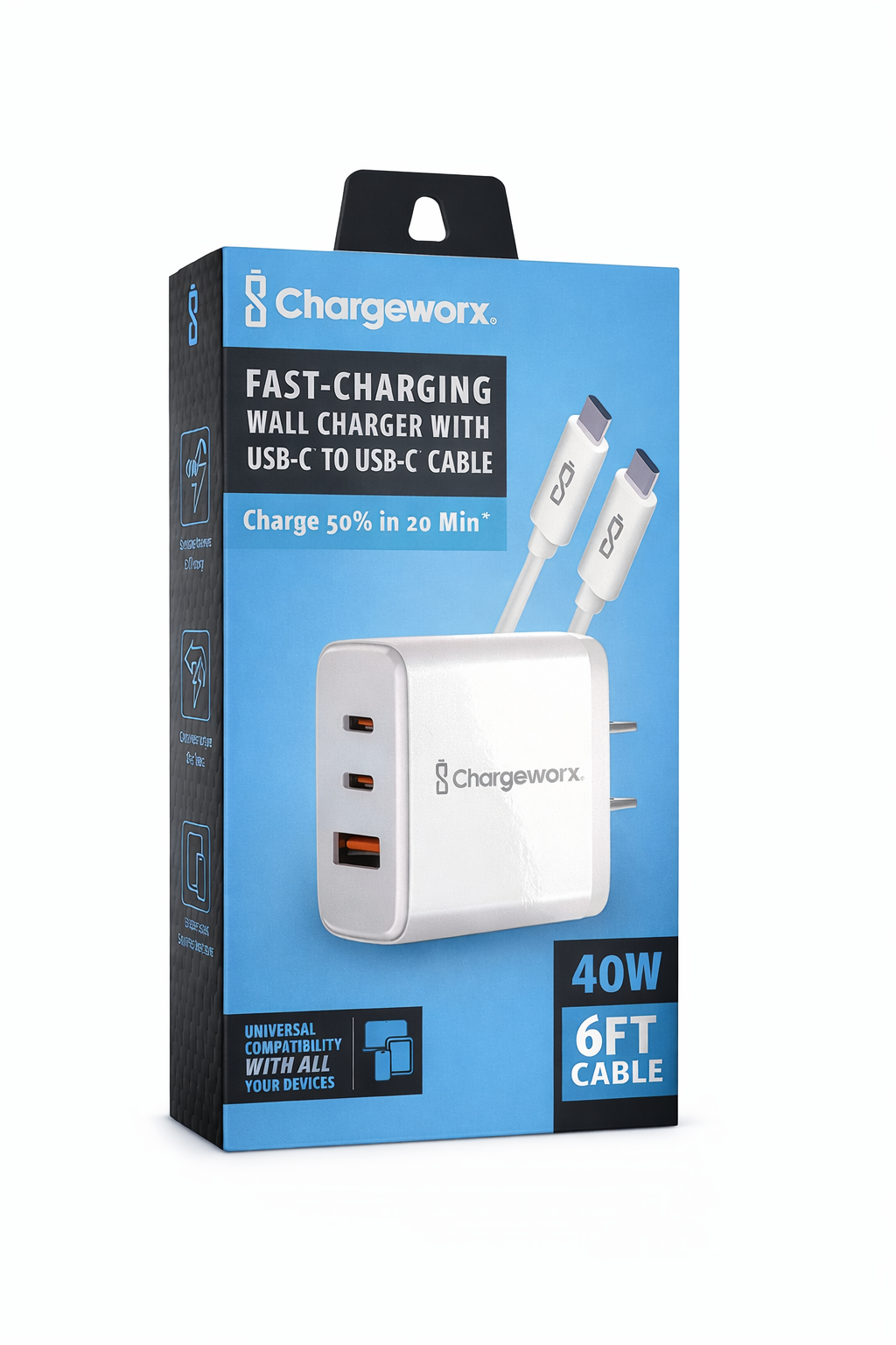CARGADOR PARED + USB-C 6FT CHARGEWORX - CX3013WH - 40W - 1xUSB-A y 2xUSB-C Fast-Charging - BLANCO