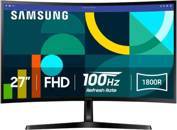 Monitor 27” Samsung S3 Essential Curve - FHD 1080P, 100Hz, 4MS, 16:9, 250CD/M², 3000:1, 178° Viewing Angle, 1xHDMI 1.4, 1xVGA - LS27D366GANXZA - Black