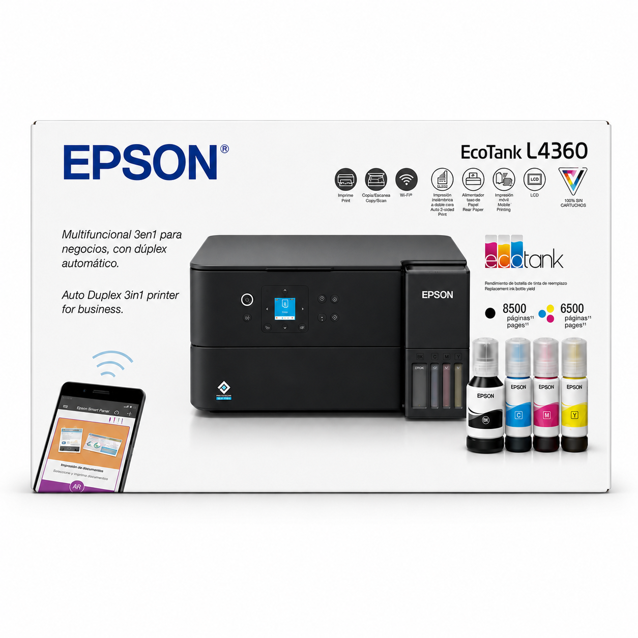 Impresora Epson L4360 AIO Imprime, Copia y Escanea, WiFi, Duplex Automático, Sistema De Tinta Continua (CMYK)