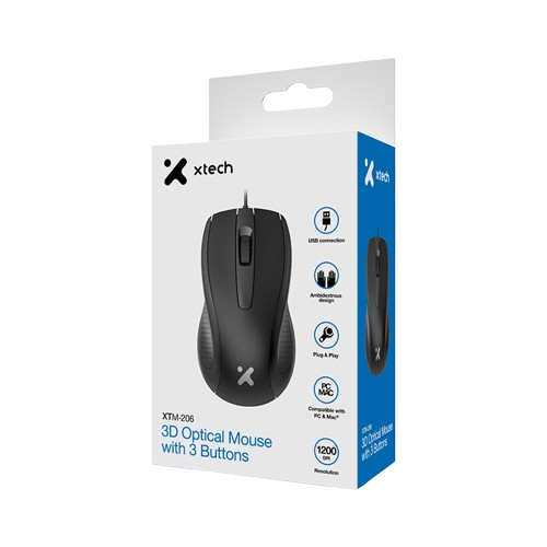 MOUSE USB XTECH - XTM-206 - 3D 3BUTTON OPTICAL SCROLL - NEGRO
