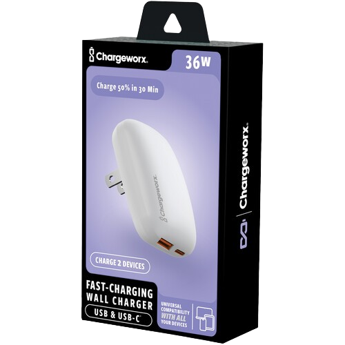 Cargador Pared ChargeWorx - CX3031WH - 36W - Dual USB 1xUSB-A y 1xUSB-C, Carga Rápida, Enchufe Plegable - Blanco