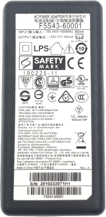 AC Adapter for HP Printers - F5S43-60001 - 22V 455mA