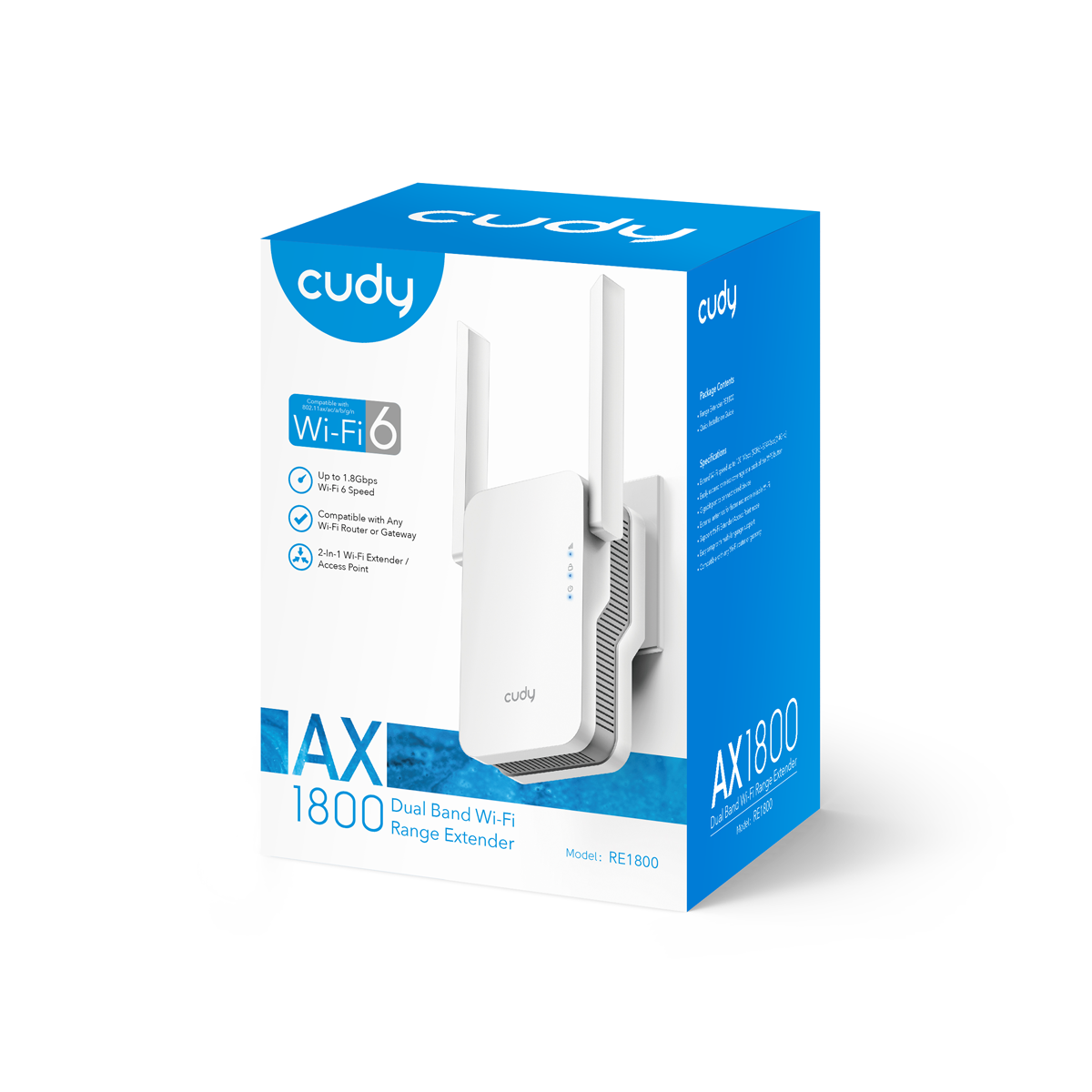 Range Extender Cudy - RE1800 - Mesh AX1800 doble banda con WiFi 6 - 2.4GHz/574 Mbps y 5GHz/1201Mbps