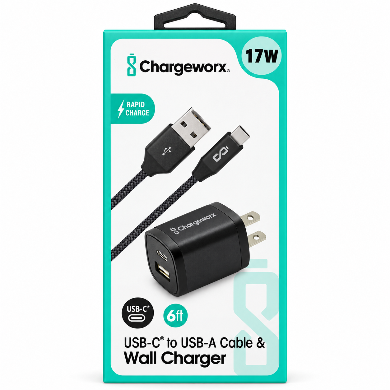 CARGADOR PARED + USB-C 6FT CHARGE WORX - CX3224BK - 17W - 3.4Amp 1xUSB-A y 1xUSB-C, Carga Rápida - NEGRO