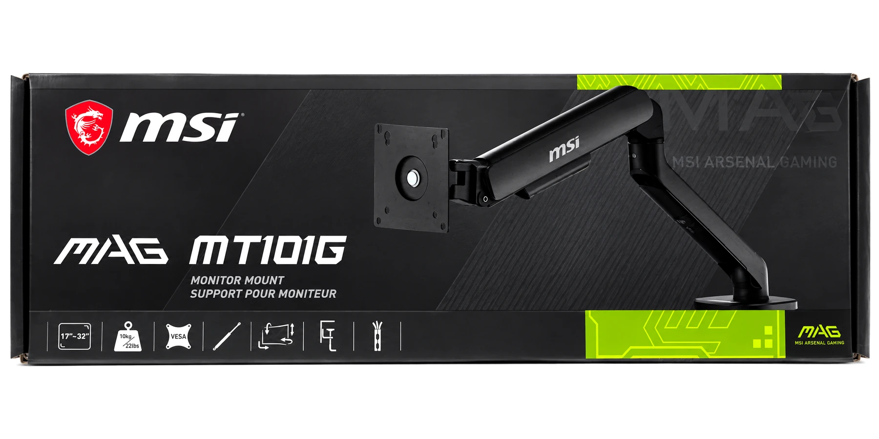Soporte de monitor MSI MAG MT101G - 17" a 32" - hasta 10 kg - VESA 75x75 / 100x100 - brazo con resorte a gas - Negro