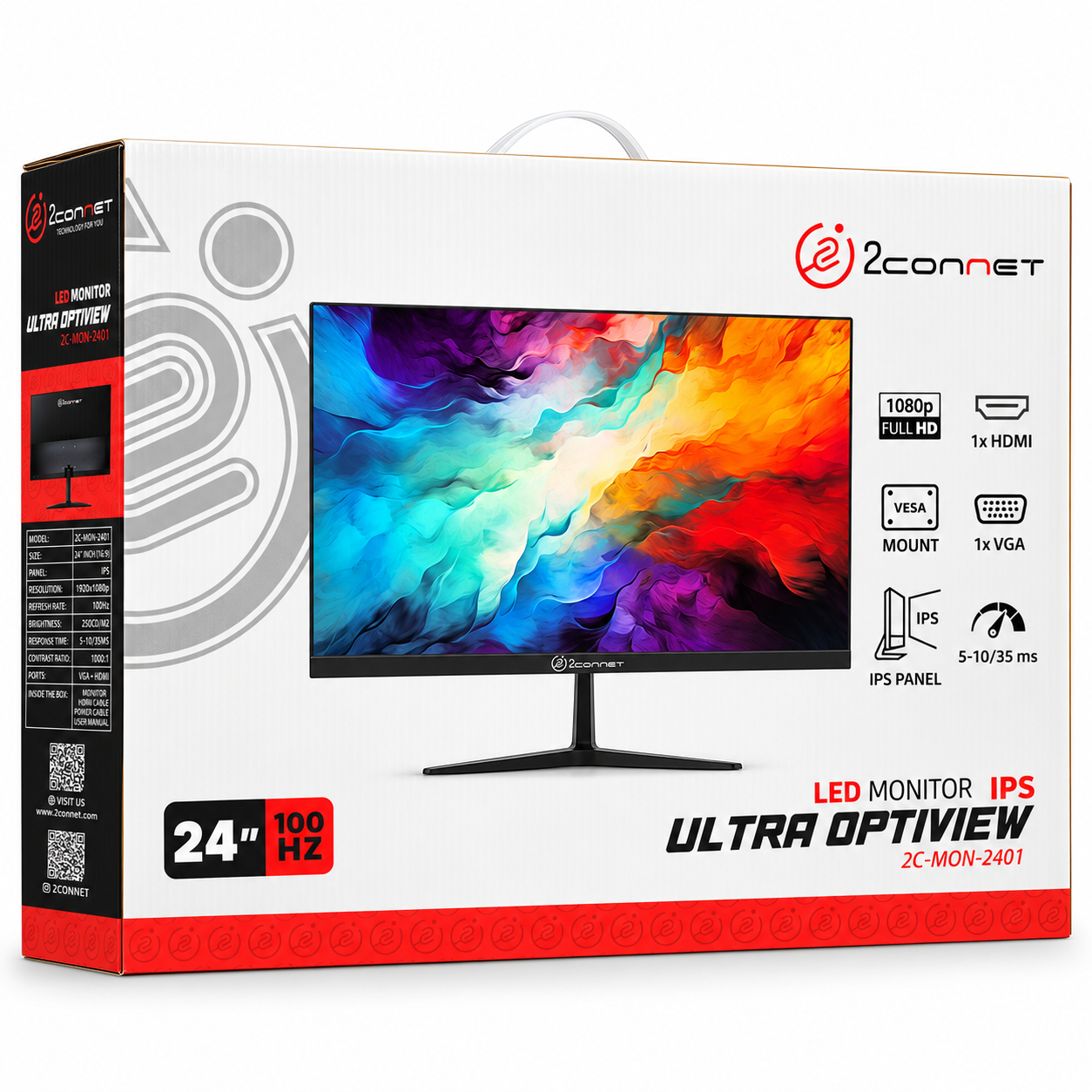 Monitor 24" 2Connet - 2C-MON-2401 - 1920*1080, 100Hz, 250CD/M2,  5-10/35MS, 1000:1, 1xVGA + 1xHDMI