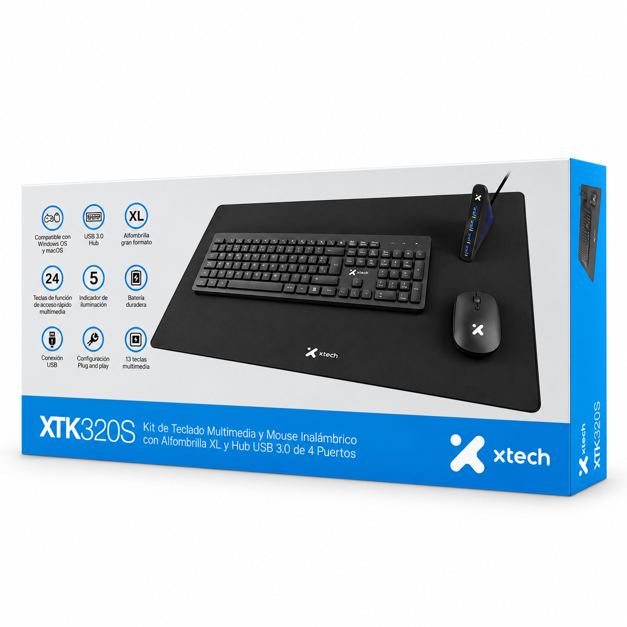 Kit Xtech XTK-320S  - Teclado y Mouse Inalámbrico, Mouse Pad XL y Hub USB 3.0 4 puertos Español - Negro